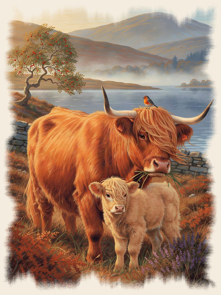 Highland Cow & Calf vintage wildlife t-shirt design