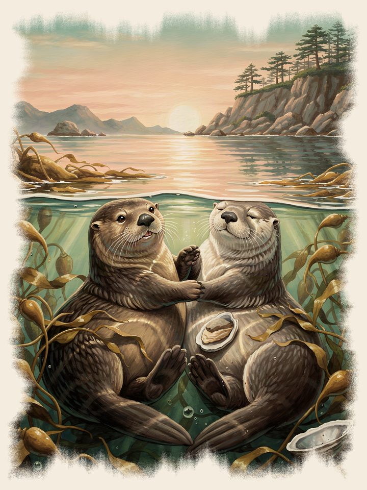 Sea Otters Holding Hands vintage wildlife t-shirt design